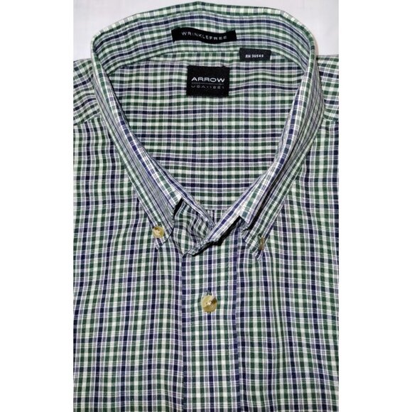 Arrow Wrinkle Free Blue/Green Plaid Button Up Short Sleeved Shirt (XLT) - Picture 2 of 5